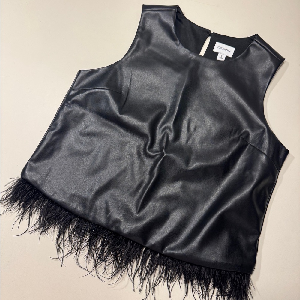 Faux Leather Tank Top with Feather Trim